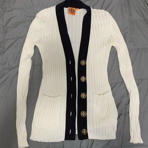 Tory Burch Cream Cardigan with Navy Detailing and Gold Buttons - Size XS